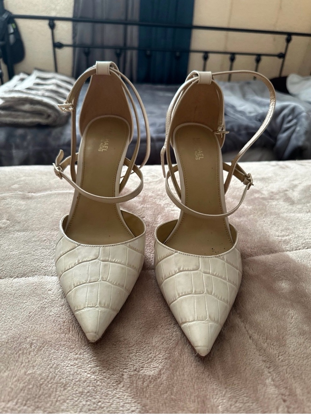 Michael Kors Cardi Cream Croc-Embossed Pointed Toe Ankle-Strap Heels